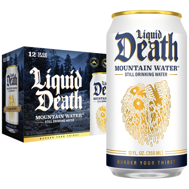 Liquid Death, Sparkling Mountain Water, 12-Pack (12oz Cans), Real Mountain Source, Infinitely Recyclable Ice-Cold Cans, American Made