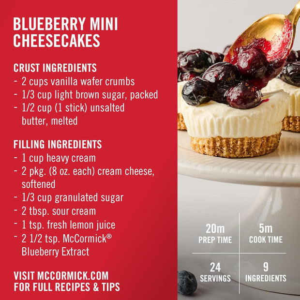McCormick Blueberry Extract with Other Natural Flavors, Distinctive, Sweet Blueberry Flavor and Aroma for Baking Cookies, Cake, and Muffins, and Beverages Like Lemonade, Mocktails, and Smoothies, 1 fl oz
