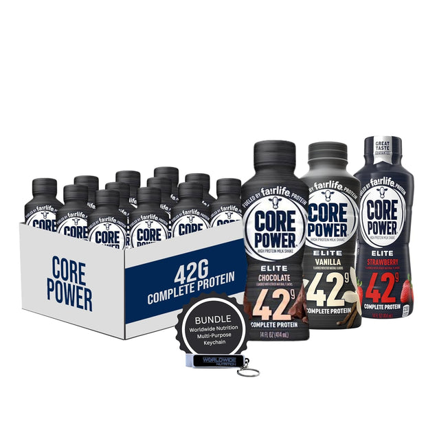 Worldwide Nutrition Bundle Compatible with Fairlife Core Power Elite 42g High Protein Milkshake - Chocolate, Strawberry, Vanilla Protein Shake Ready to Drink - 14 Fl Oz (Pack of 12) & Keychain