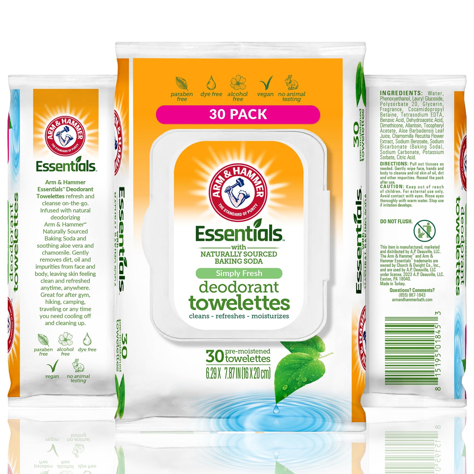 Arm and Hammer Face and Body Wipes for Adults - Deodorant Towelettes 30 Sheets for Women - Shower Wipes for Traveling, Camping, Gym, and Bathing - Alcohol-Free Face Sheets (Clear Water)