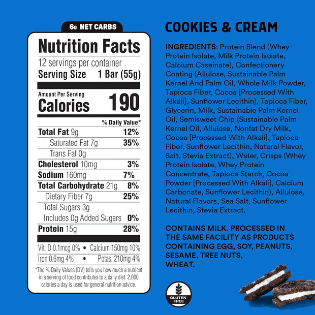 JUNKLESS Protein Bars - Cookies & Cream - 15g Protein, No Added Sugar, Gluten Free, High Fiber, Delicious Taste and Texture, Satisfying, Healthy Snack for Energy - 12 Bars