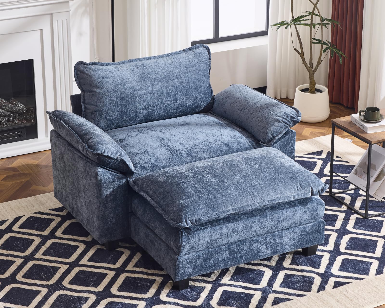 Karl home Sectional Sofa Modular Deep Seat Sofa Couch with Ottoman, Chenille Sofa Sleeper Comfy Upholstered Furniture for Living Room, Apartment, Studio, Office, (3-Seat & 1-Ottoman, Beige)