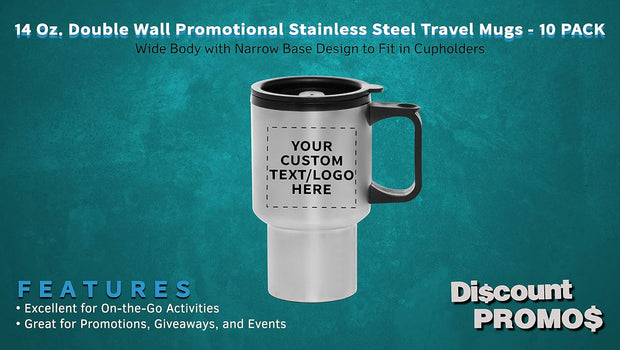 Personalized 14oz Travel Mugs Stainless Steel - 10 Pack - Custom Text, Logo - Stainless Steel