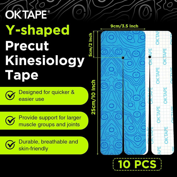 OK TAPE Precut Y-Shape Kinesiology Tape for Shoulder, Knee, Back, 10 Pcs, K Tape Strips, Provide Support & Relieve Discomfort, Water-Resistant Elastic Athletic Tape (3.5" x 10", Black)