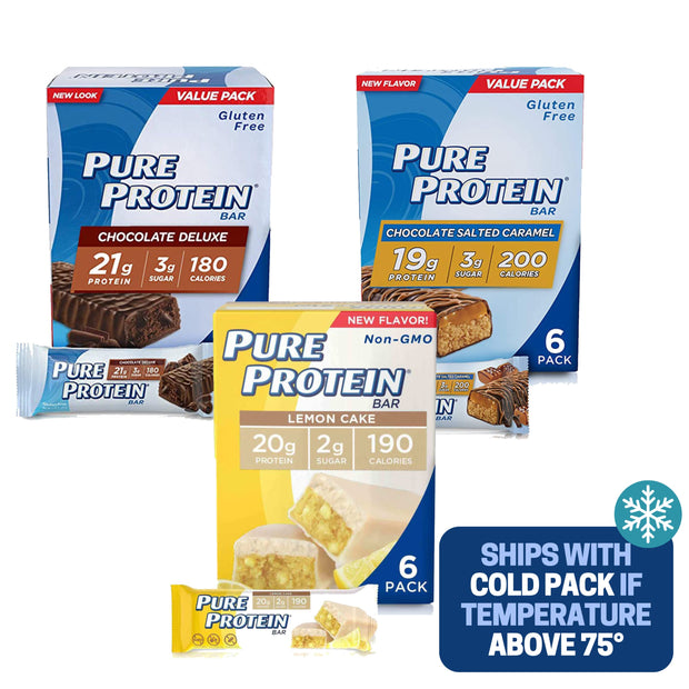 Pure Protein Bars, Chewy Chocolate Chip, Chocolate Deluxe, Chocolate Peanut Butter - Box of 6-3 Boxes - 1 Box of each flavor