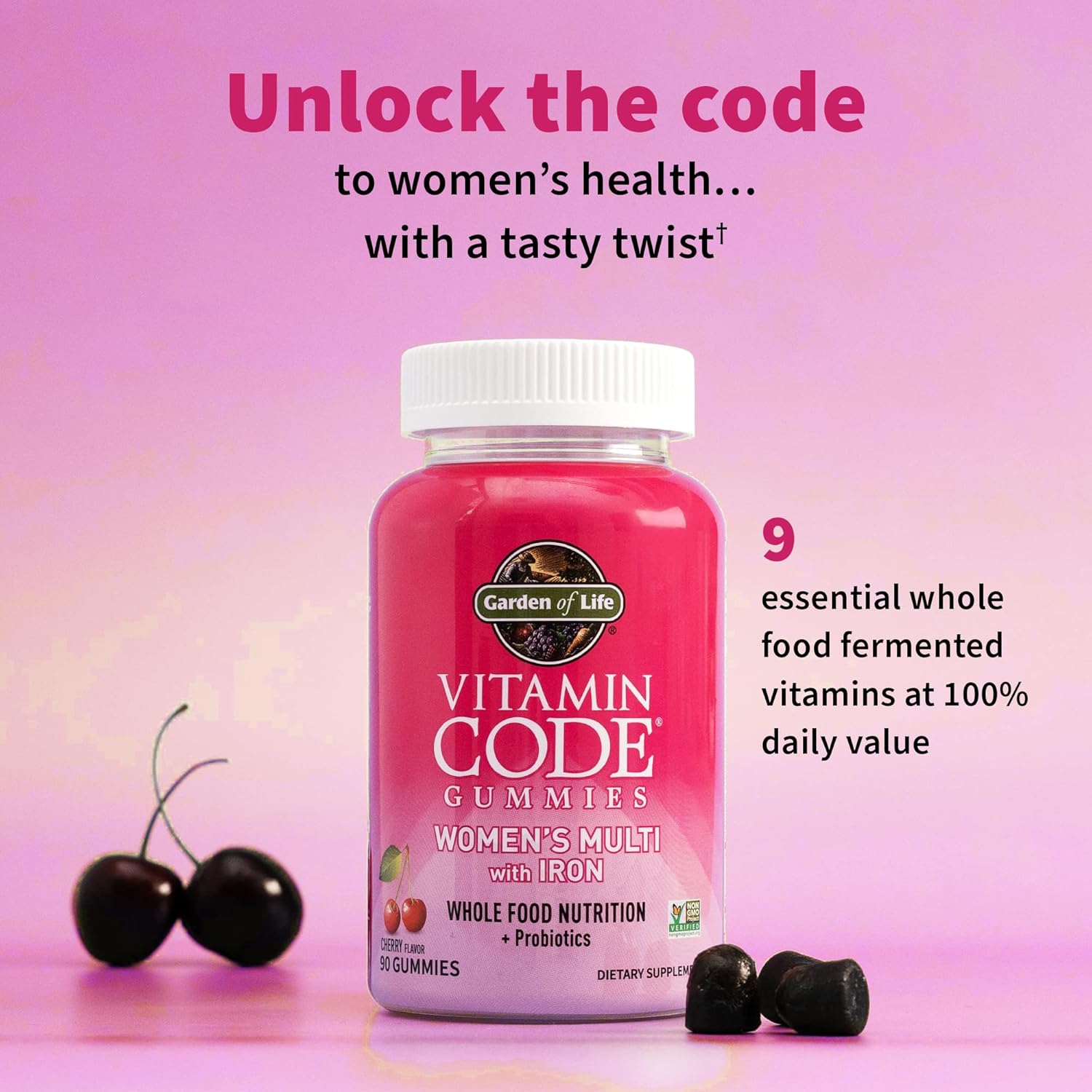 Garden of Life Vitamin Code Women’s Multivitamin Gummy with Iron: Folate, Biotin, D3 & B12 for Hair, Skin & Nails + Probiotics for Immune Health & Digestion, Non-GMO, Gluten-Free, 90 Cherry Gummies