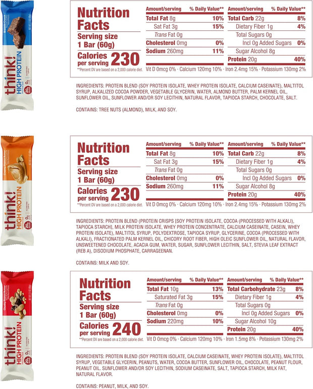 think! Protein Bars, High Protein Snacks, Gluten Free, Kosher Friendly,Variety Pack, Nutrition Bars, 2.1 Oz per Bar, 12 Count (Packaging May Vary)