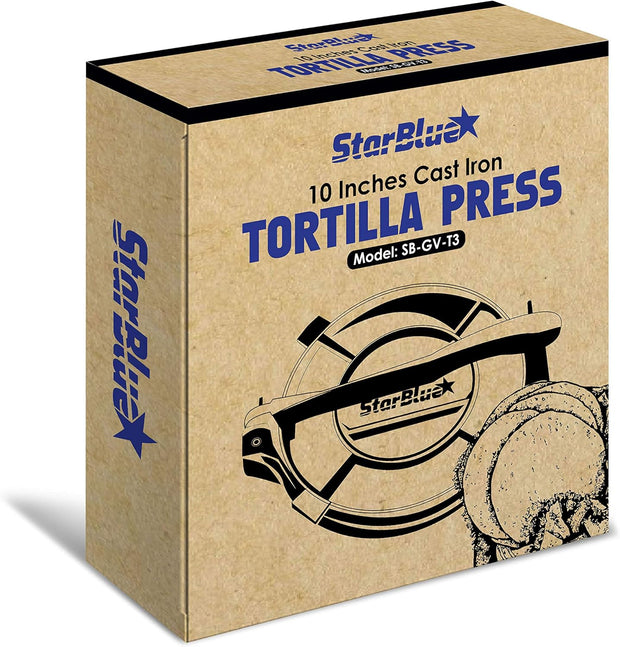 10 Inch Cast Iron Tortilla Press by StarBlue with FREE 100 Pieces Oil Paper and Digital Recipes e-book - Tool to make Indian style Chapati, Flour Tortilla, Roti