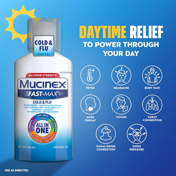 Mucinex Maximum Strength Fast-Max Cold & Flu and Nightshift, All-in-One Multi Symptom Relief Liquid, 6 Fl Oz - 2 Count (Pack of 1)