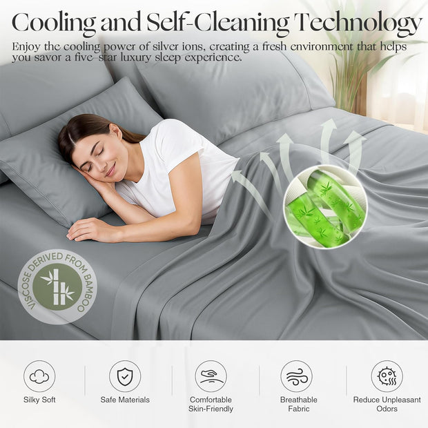 Silver Infused Bed Sheets, Cooling Fabric with Self-Cleaning Technology for Restful Sleep, Genuine 100% Organic Viscose Derived from Bamboo, Breathable and Soft Bed Sheets (Gray, King)