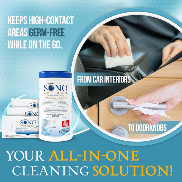 SONO Disinfecting Wipes - 80 Count (Canister of 1) and 60 Count (Pack of 3) + Sanitizer, Medical-Grade, Alcohol-Free, No Bleach, Gentle & Effective Multi-Surface Cleaning Solution