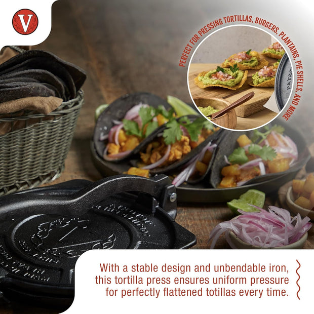 Victoria 8-Inch Cast Iron Tortilla Press HD Spherrous, Commercial-Grade Cast Iron Tortilla Maker, Roti Press, Pataconera Seasoned with Flaxseed Oil, Made in Colombia, Black