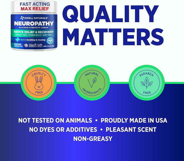 OWELL NATURALS Neuropathy Cream Extra Strength Nerve Relief Cream for Foot, Hands, Legs, Toes with Arnica, Vitamin B6, Aloe Vera, MSM - Made in USA