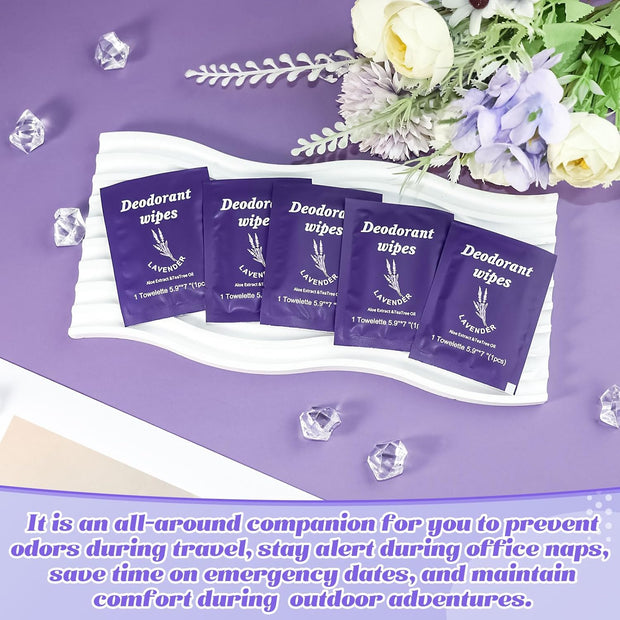 Travel Deodorant Wipes Individually Wrapped,Body Wipes to Clean Skin for Women Men（Lavender,pack of 100)