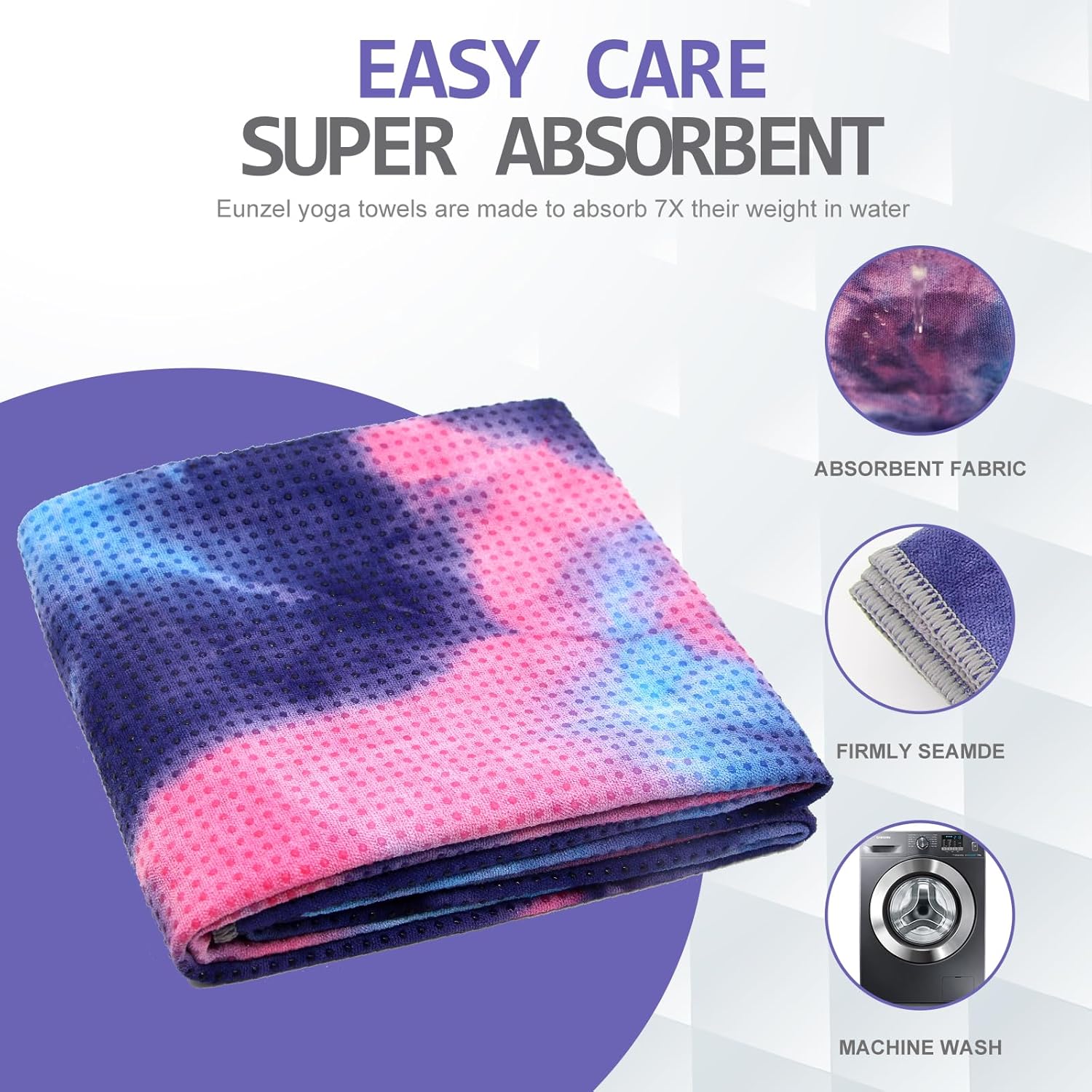 Eunzel Yoga Towel,Hot Yoga Mat Towel with Grip Dots Sweat Absorbent Non-Slip for Hot Yoga, Pilates and Workout 24" x72", Purple & Blue