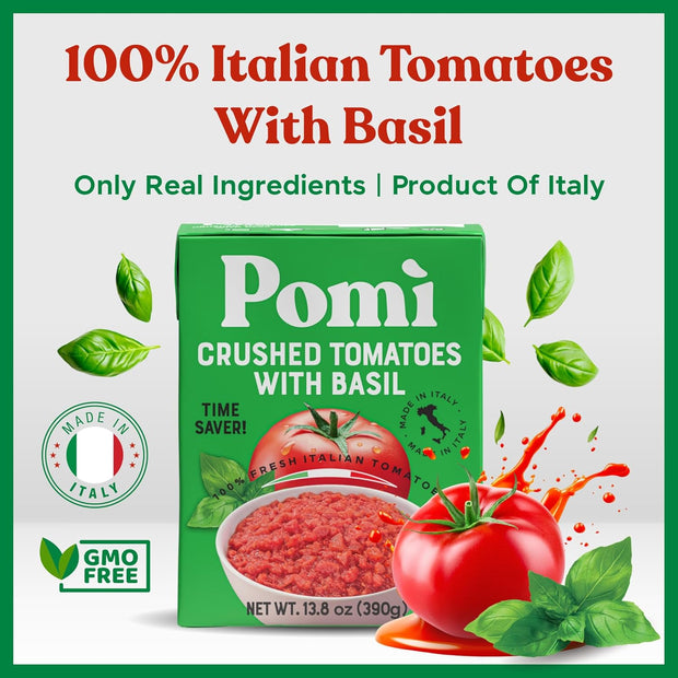 Pomì Crushed Tomatoes with Basil - Creamy, Velvety Italian Sauce, No Salt, Additives/Preservatives, GMO-Free, Gluten-Free, 100% Fresh Tomatoes, 13.8oz (Pack of 12)