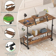 Height Adjustable Standing Desk with Power Outlets and LED Lights - 39" Manual Stand Up Desk with Monitor Stand and Storage Shelves Small Mobile Rolling Computer Desk Portable Laptop Table, Rustic