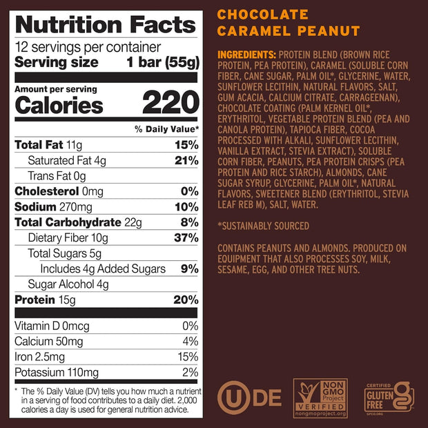 No Cow Vegan Protein Bars with Low Sugar & High Protein, 15g Plant Based Protein & 10g Fiber Snacks for On-the-Go Nutrition & Post-Workout, Gluten-Free, Dairy-Free(Chocolate Caramel Peanut, 12 Count)