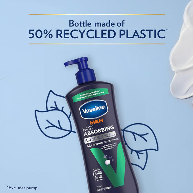 Vaseline Men's Healing Moisture Hand & Body Lotion For Dry or Cracked Skin Fast Absorbing Non-Greasy Lotion for Men 20.3 oz, Pack of 3