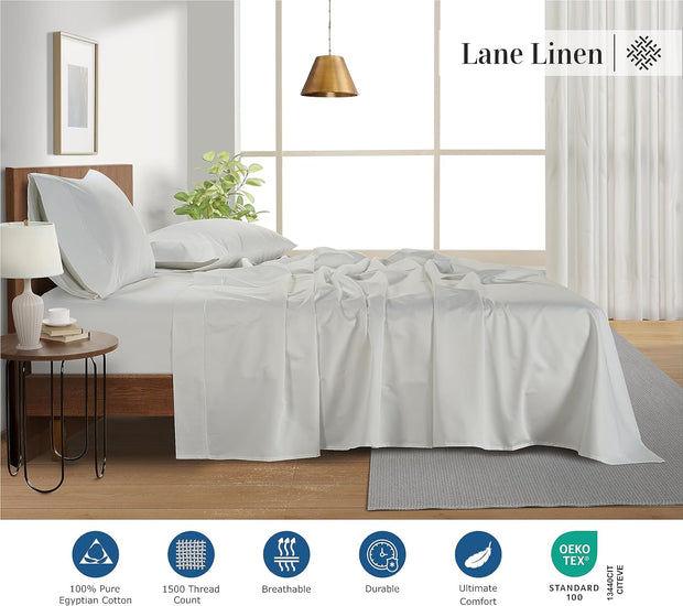 LANE LINEN 100% Egyptian Cotton White Sheets King Size - 1500 TC, 4 Pc - Luxury Sateen Weave Cotton King Size Sheets Set - 15" Extra Deep Pocket King Sheets Sets - White Bed Sheets