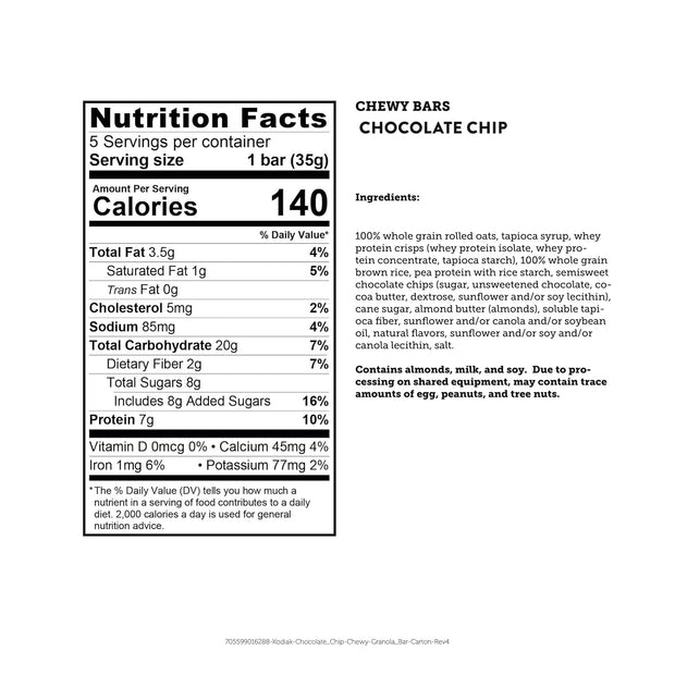 Kodiak Cakes Chewy Granola Snack Bars, Chocolate Chip, High Protein, 100% Whole Grains, 1 box with 5 bars