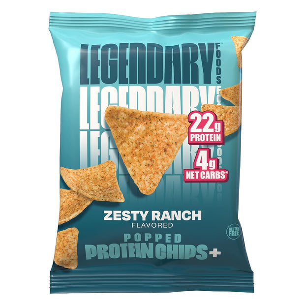 Legendary Foods Zesty Ranch Protein Chips – Popped Tortilla Style – 22g High Protein, 4g Net Carbs, Low Sugar, Gluten Free, Keto Snack Packs – 10 Count – Healthy Crunchy Chips