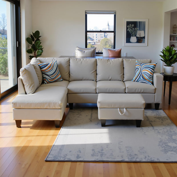 Sectional Couch 103.5" L Shaped Couch Comfy Futon Bed Upholstered Faux Leather 3 Pieces Living Room Furniture Sets with Ottoman and High Density Sponges for Living Room, White