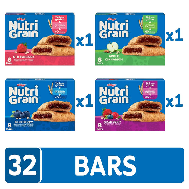 Nutri-Grain Soft Baked Breakfast Bars, Kids Snacks, Whole Grain, Variety Pack (4 Boxes, 32 Bars)