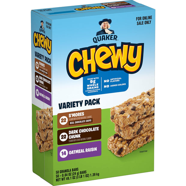 Quaker Chewy Granola Bars, Chewy & Dipps Variety Pack, (58 Bars), Whole Grains, No Artificial Flavors, No Added Colors