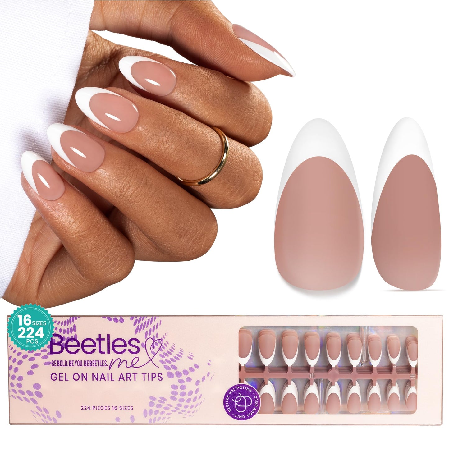 Beetles Ombre Press on Nails: 224 PCS Short Almond Gel Nail Tips, Pink Press ons Pre-applied Primer & Base Coat Glue on Nail Tips, No Need to File Fake Nails DIY Nails Gifts for Women