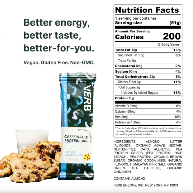 Verb Energy Caffeinated Protein Bar Bundle – Chocolate Chip Peanut Butter & Oatmeal Chocolate Chip – 10g Plant-Based Protein – Vegan, Gluten-Free, 200-Calorie Low Sugar Energy Bars with Organic Green