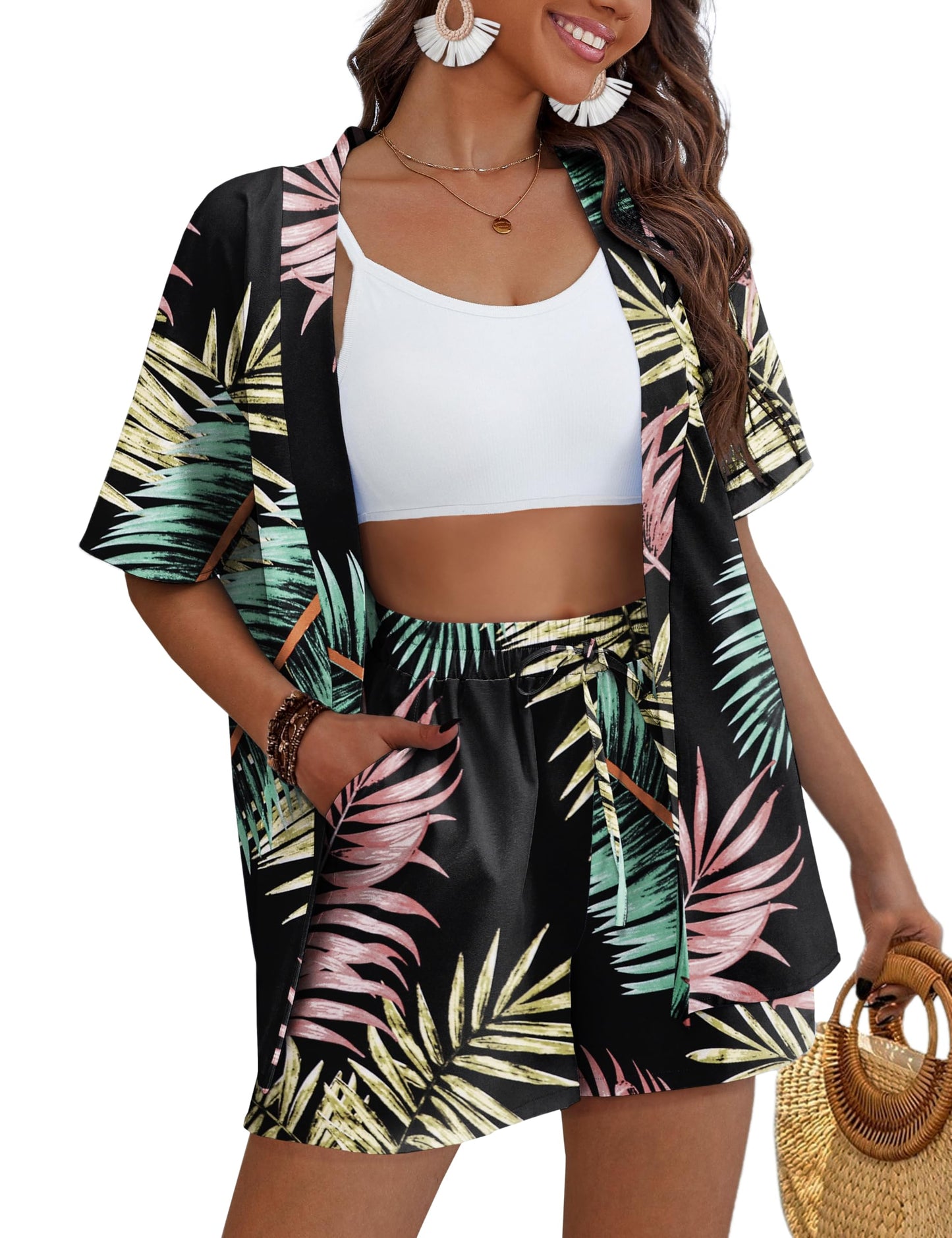 REDHOTYPE Women's 2 Piece Outfits Kimono Style Tropical Print Cover Ups Half Sleeve Blouse Shorts Set Summer Beachwear （S-XL）