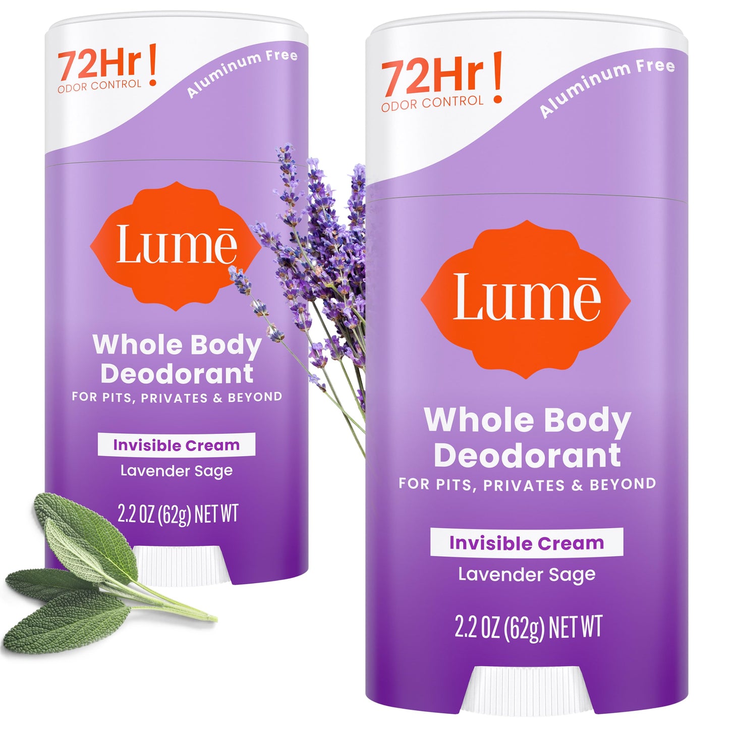 Lume Whole Body Deodorant - Invisible Cream Stick - 72 Hour Odor Control - Aluminum Free, Baking Soda Free, Skin Safe - 2.2 Ounce (Pack of 2) (Soft Powder)