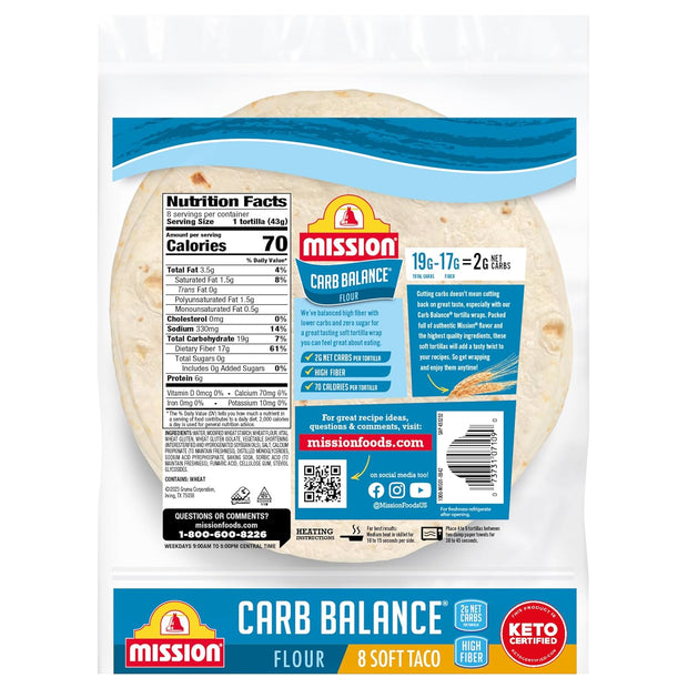 Mission Carb Balance Soft Taco Flour Tortillas, 8 Count, Low Carb, Keto, High Fiber, No Sugar