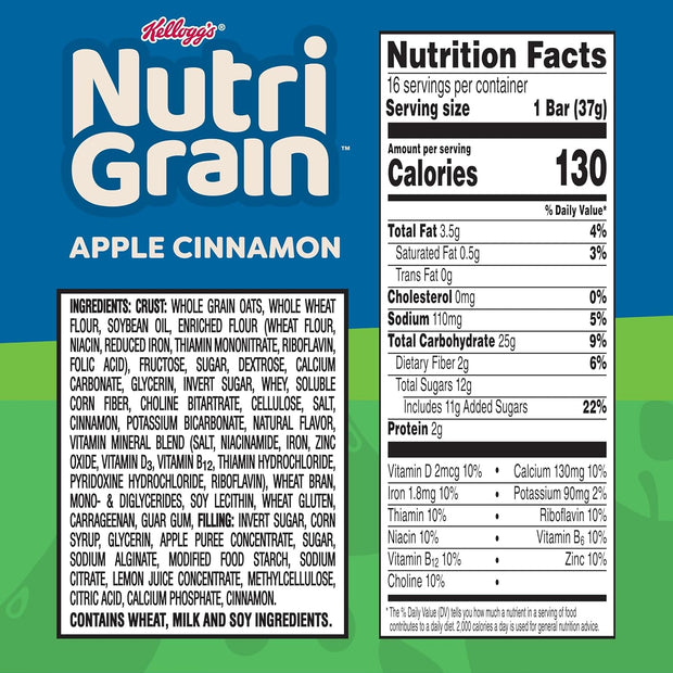 Nutri-Grain Breakfast Bars, Made with 10g Whole Grains, Snack Bars, Apple Cinnamon, 20.8oz Box (16 Count)