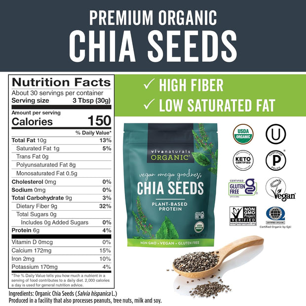 Viva Naturals Organic Chia Seeds 2 LBs - Plant-Based Omega-3 and Vegan Protein, Non-GMO Chia Seeds Organic Perfect for Smoothies, Salads and Chia Seed Pudding, Black Chia Seeds Bulk