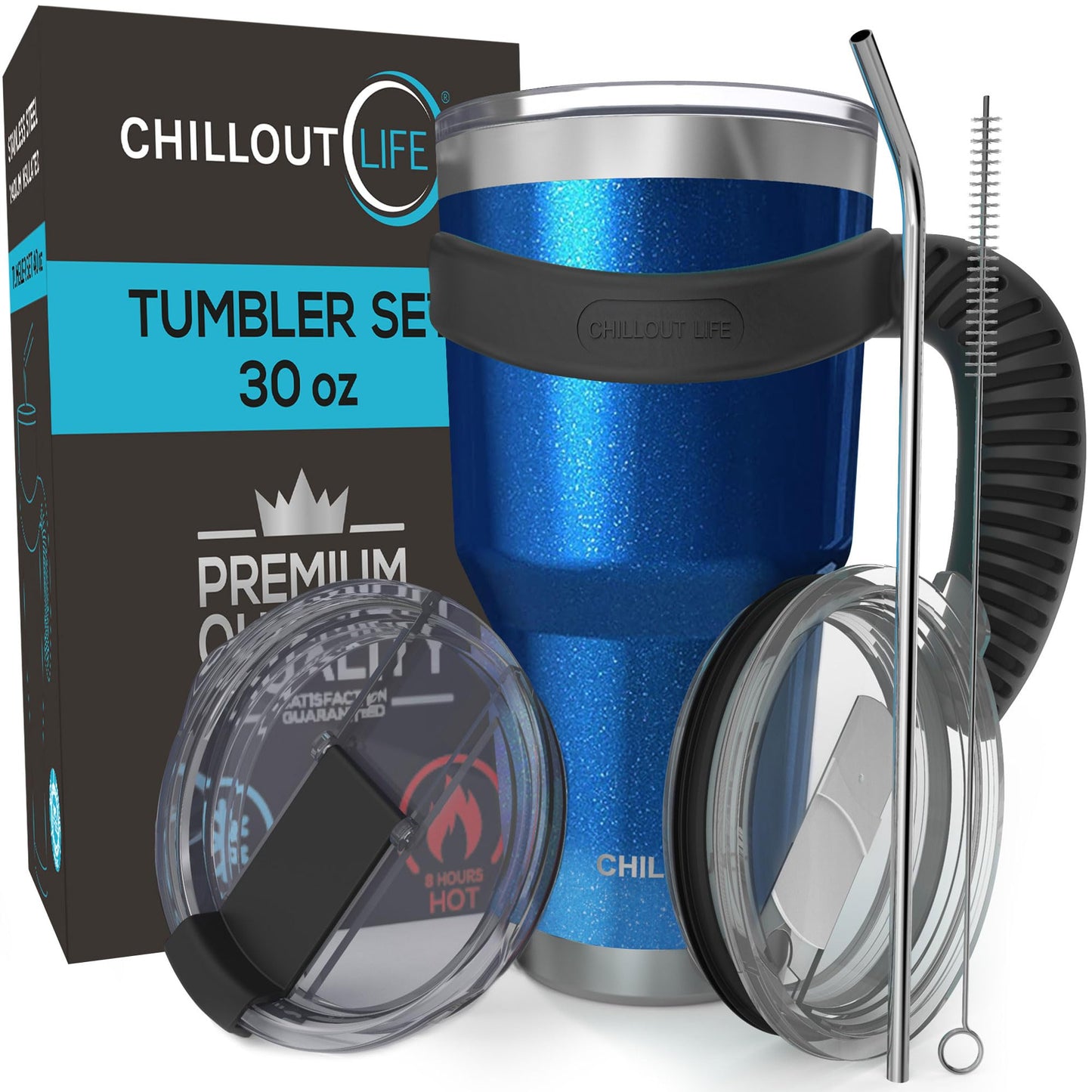 CHILLOUT LIFE Stainless Steel Travel Mug with Handle 30 oz – 6 Piece Set. Tumbler with Handle, Straw, Cleaning Brush & 2 Lids. Double Wall Insulated Large Coffee Mug Bundle