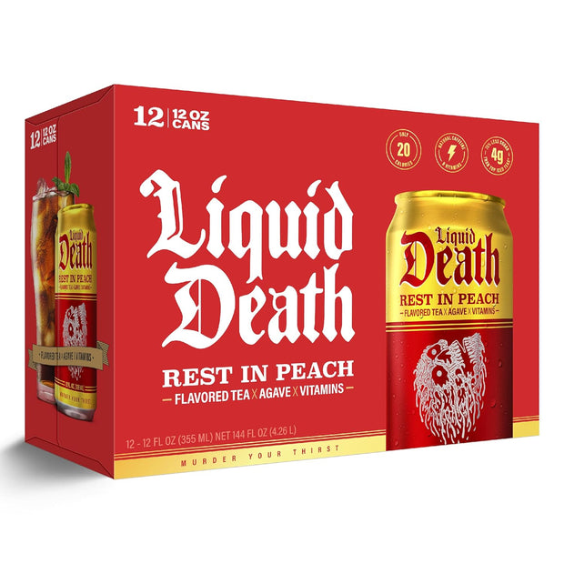 Liquid Death, Rest in Peach Iced Tea, 12-Pack (12 oz Cans), Peach Flavored Back Tea, Low Calorie, No Artificial Sweeteners, B12 & B6 Vitamins