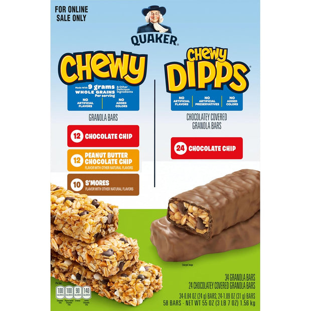 Quaker Chewy Granola Bars, Chewy & Dipps Variety Pack, (58 Bars), Whole Grains, No Artificial Flavors, No Added Colors