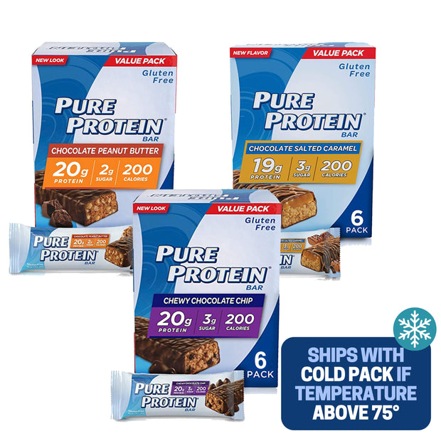 Pure Protein Bars, Chewy Chocolate Chip, Chocolate Deluxe, Chocolate Peanut Butter - Box of 6-3 Boxes - 1 Box of each flavor