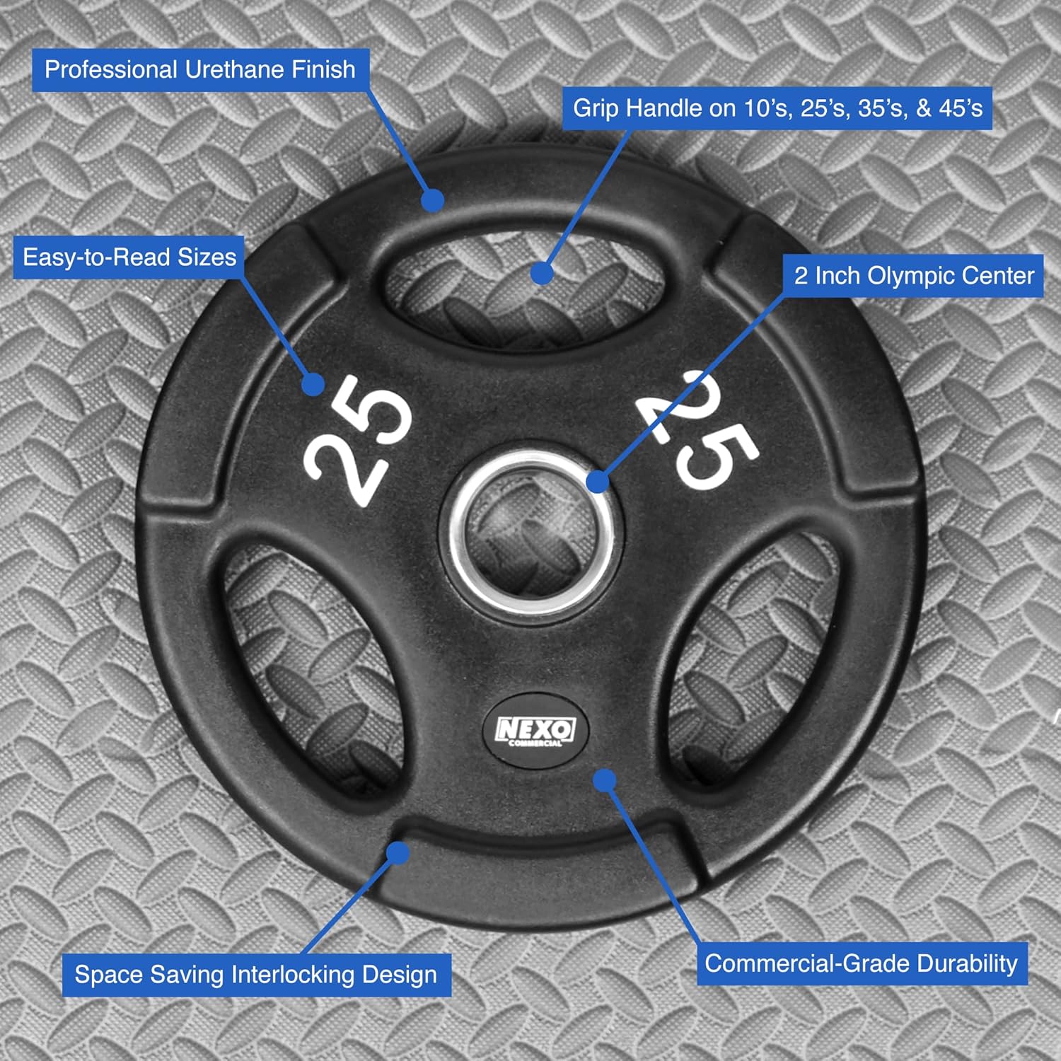 NEXO Commercial Urethane Grip 85lb Plate Set - Includes 2x 25's, 2x 10's, 2x 5's, and 2x 2.5's - Olympic 2 Inch, Premium Finish for Weight Training Home or Commercial