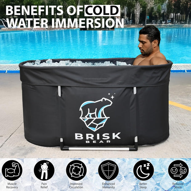 XL Oval Ice Bath Tub for Athletes with Cover by Brisk Bear - Extra Large Cold Plunge Tub for Recovery - Ice Bath Plunge Pool with Digital Timer - Cold Plunge to Soothe Muscles - Black Ice Tub