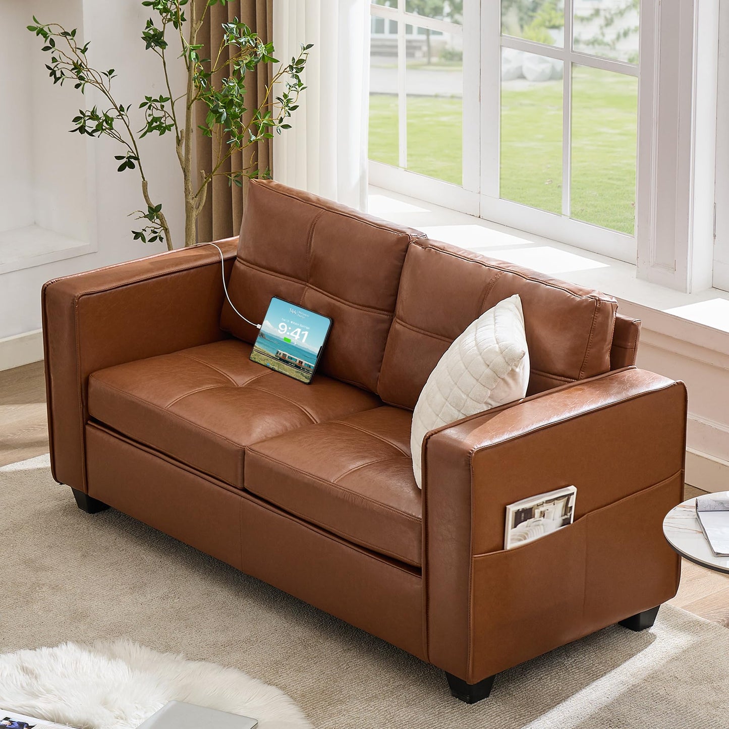 TYBOATLE 88" W Black Faux Leather Sofa Couches for Living Room, Mid-Century Modern Tufted Comfy Small Loveseat w/USB and Wide Arms, 3 Seater Office Cloud Couch for Small Space Apartment Bedroom