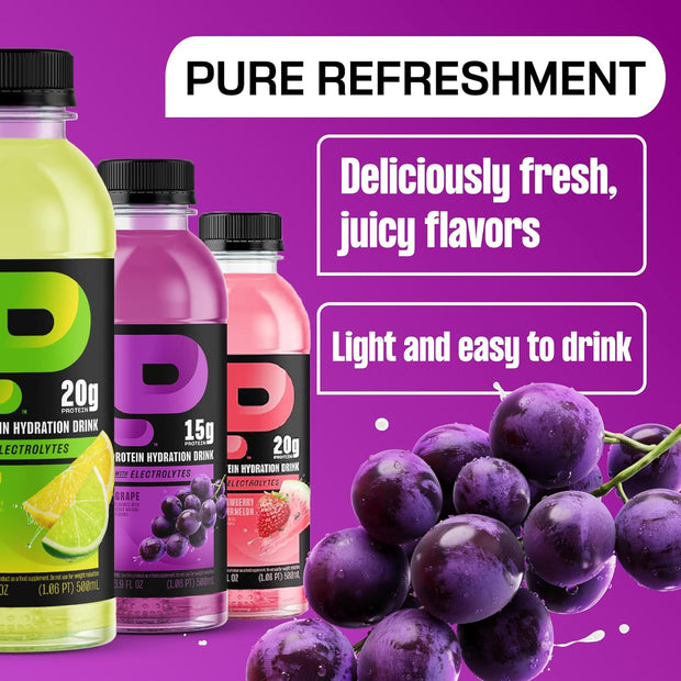 Protein2o Hydration Drink - 2-in-1 Liquid Clear Whey Protein Isolate and Electrolyte Drink - 15g Protein, Vitamins B5, B6 - Post-Workout Recovery - 16.9 Fl Oz - 12 Count Grape