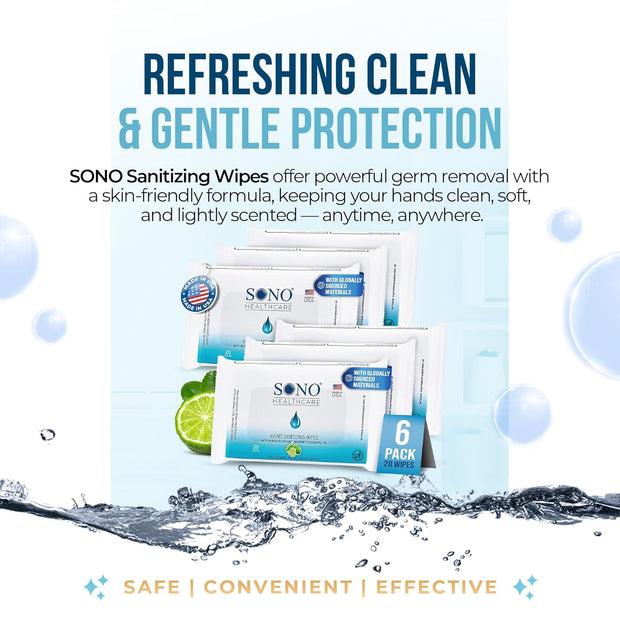 SONO Alcohol-Free Sanitizing Hand Wipes with Bergamot & Aloe Essential Oil - Hospital-Grade Disinfectant - Individually Wrapped Travel Size - 6 Packs of 20 - Gentle Cleaning & Germ Protection Anywhere