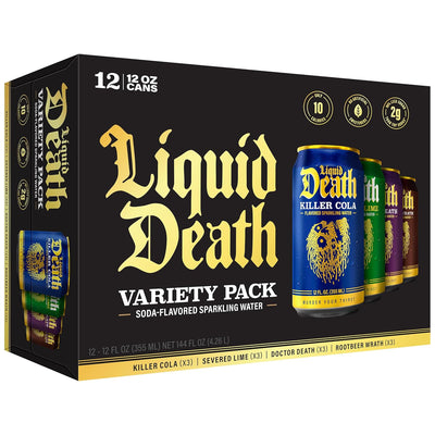 Liquid Death, Soda-Flavored Sparkling Water Variety Pack, 12-Pack (12oz Cans), Low Calorie & No Artificial Sweeteners, 4 Flavors: Severed Lime, Doctor Death, Killer Cola, and Rootbeer Wrath