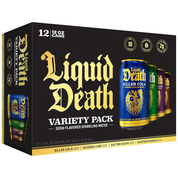 Liquid Death, Soda-Flavored Sparkling Water Variety Pack, 12-Pack (12oz Cans), Low Calorie & No Artificial Sweeteners, 4 Flavors: Severed Lime, Doctor Death, Killer Cola, and Rootbeer Wrath