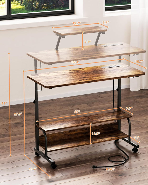 Height Adjustable Standing Desk with Power Outlets and LED Lights - 39" Manual Stand Up Desk with Monitor Stand and Storage Shelves Small Mobile Rolling Computer Desk Portable Laptop Table, Rustic