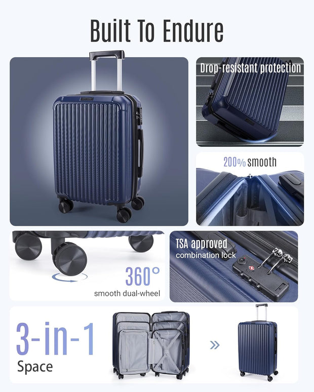 LIGHT FLIGHT Travel Luggage Sets, 3 Piece Set Suitcase with Spinner Wheels, Hardside Lightweight Luggage set with TSA Lock (20" 24" 28"), Navy Blue