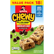 Quaker Chewy Granola Bars, Reduced Sugar Chocolate Chip, 18 Pack